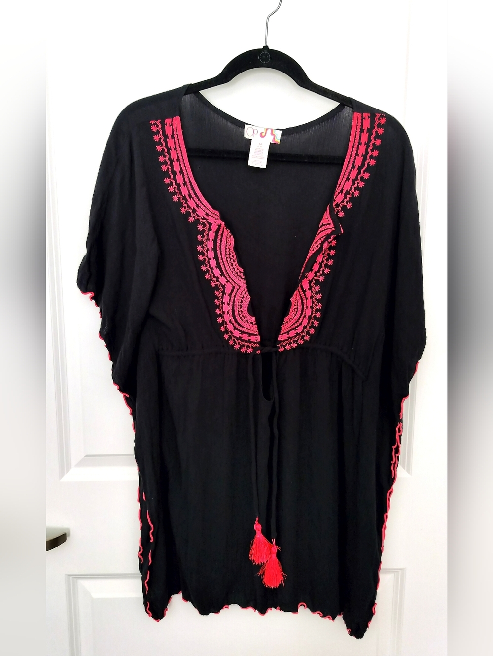 OP Women's M Bathing Suit Cover Up Black with Pink Tassels